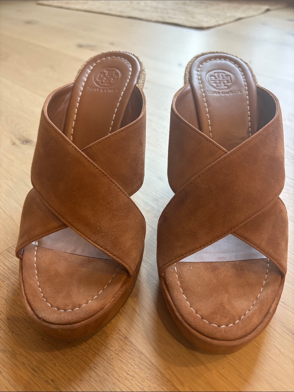 Tory Burch Women's Suede Crisscross Mules - Cognac Brown with Gold Logo